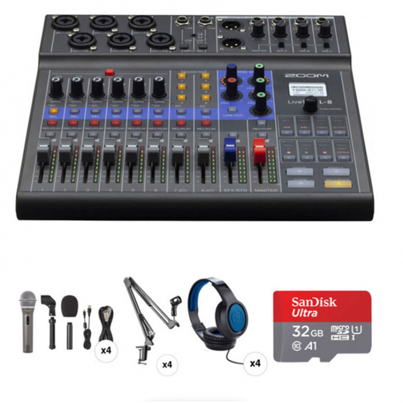 Zoom LiveTrak L-8 4-Person Podcasting Kit with 8-Channel Mixer-Recorder, Shure PGA58-LC Microphones 